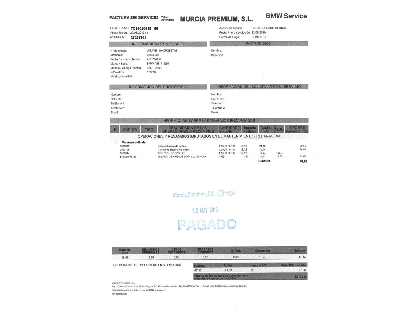 Foto del mantenimiento del BMW Serie 3 BMW Serie 3 325i (218 CV)