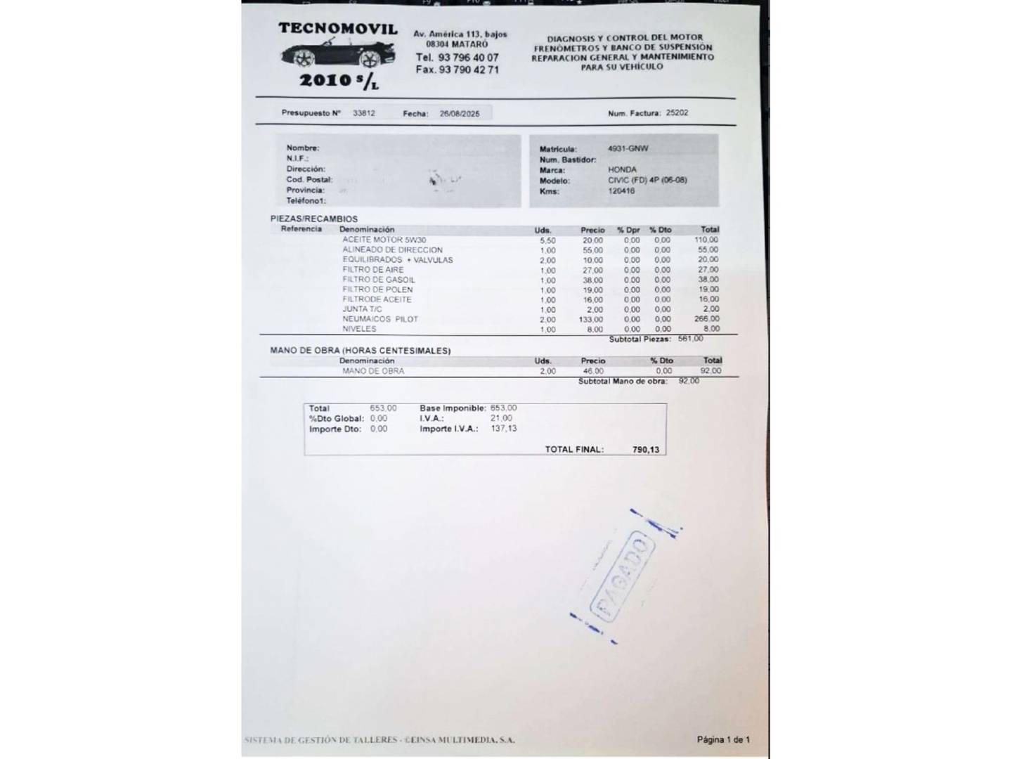 Foto del mantenimiento del Honda Civic Honda Civic 2.2 i-CTDi Sport (140 CV)