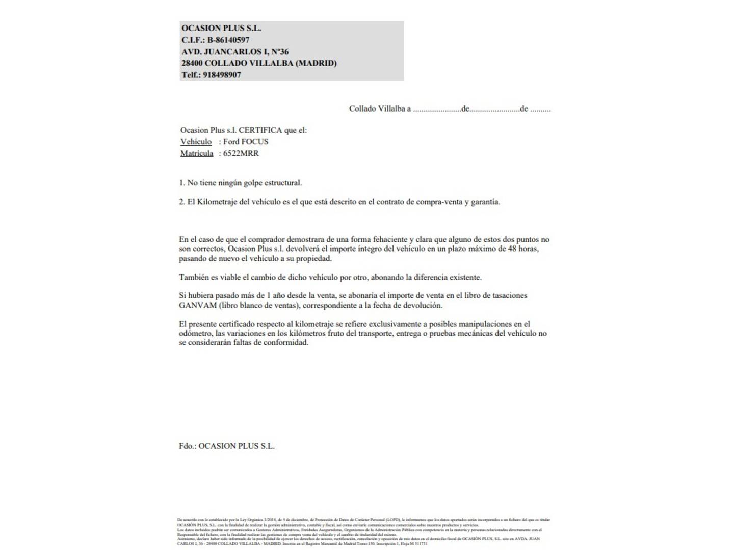 Foto del certificado del Ford Focus Ford Focus 1.0 Ecoboost MHEV ST-Line Auto (155 CV)