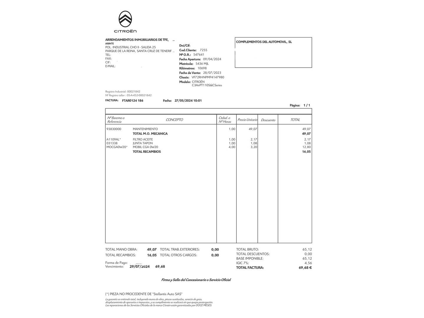 Foto del mantenimiento del Citroën C3 Aircross Citroen C3 Aircross PureTech 110 S&S C-Series (110 CV)