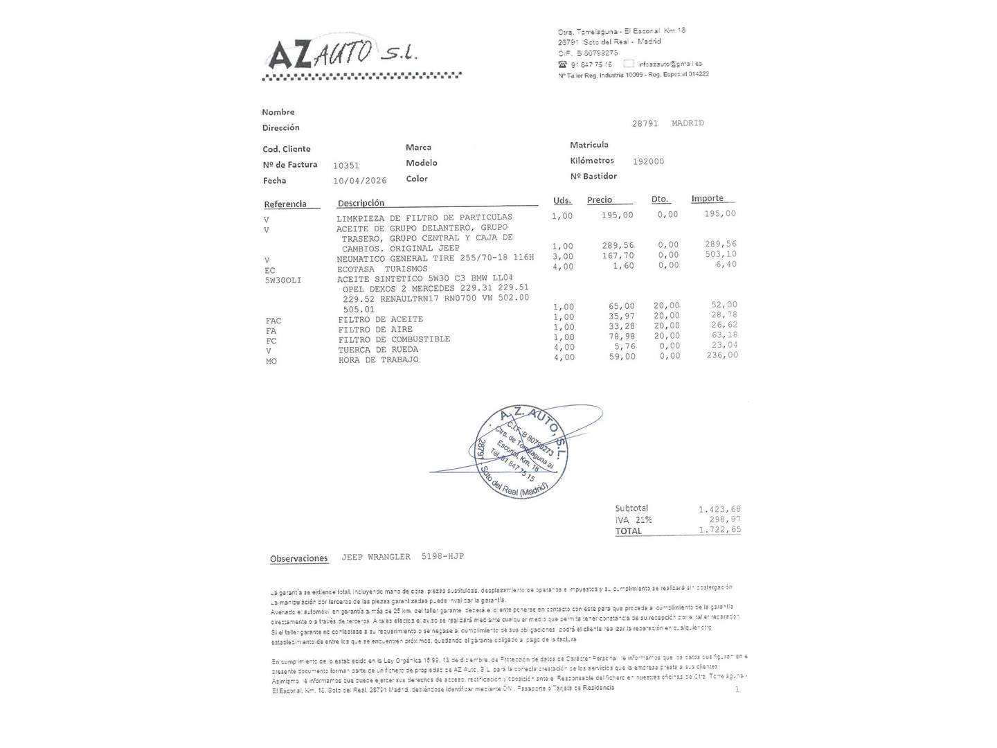 Foto del mantenimiento del Jeep Wrangler Jeep Wrangler 2.8 CRD Sahara (200 CV)