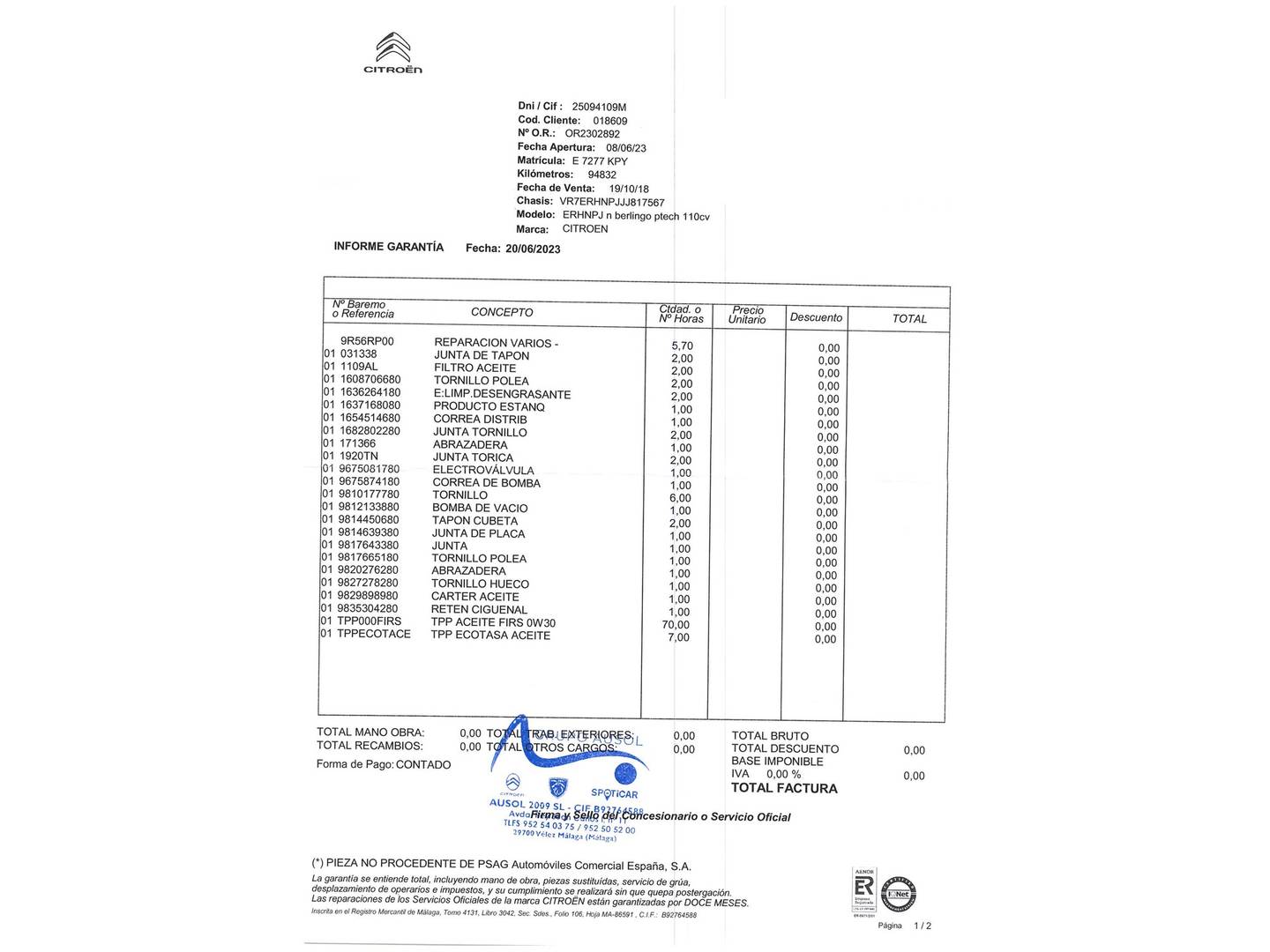 Foto del mantenimiento del Citroën Berlingo Citroën Berlingo Combi PureTech 110 S&S Talla M Feel (110 CV)