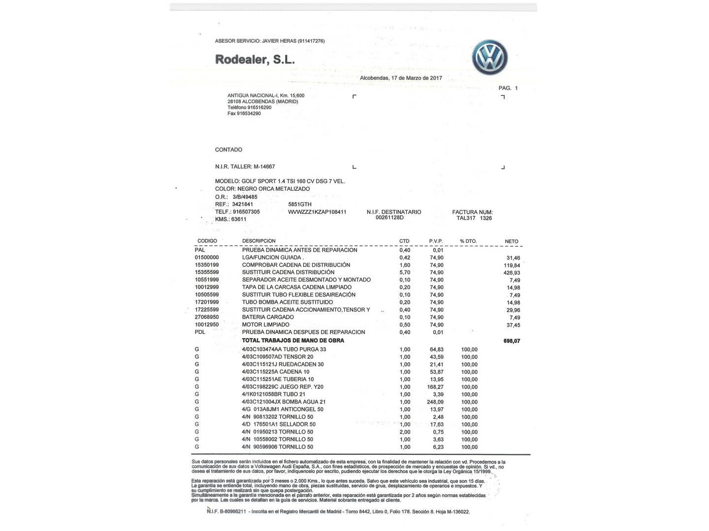Foto del mantenimiento del Volkswagen Golf Volkswagen Golf Sport 1.4 TSI  (160 CV) DSG