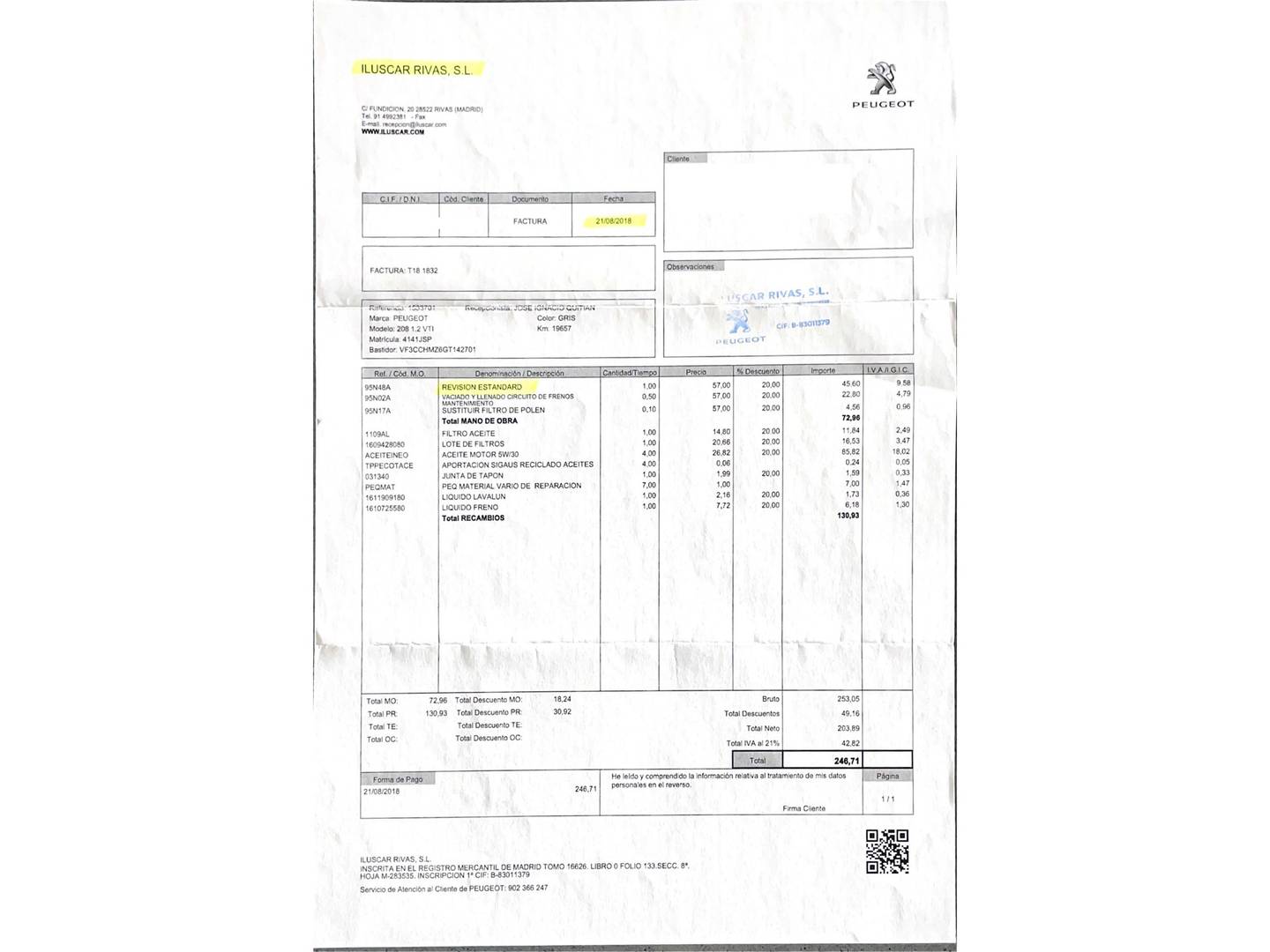Foto del mantenimiento del Peugeot 208 Peugeot 208 PureTech 82 Style (82 CV)