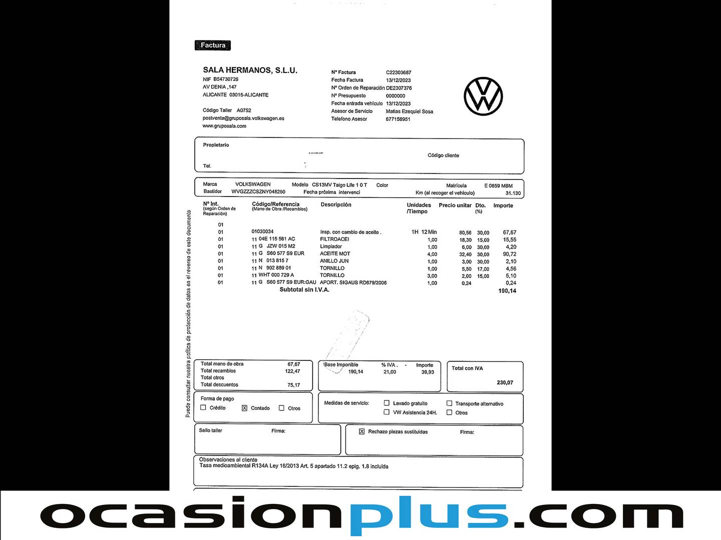 Foto del mantenimiento del Volkswagen Taigo Volkswagen Taigo Life 1.0 TSI (95 CV)