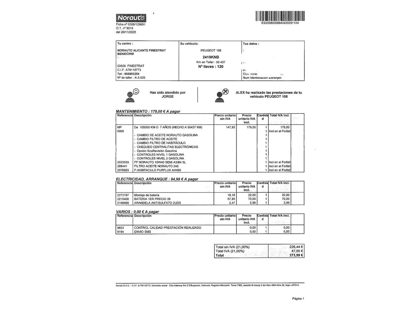 Foto del mantenimiento del Peugeot 108 Peugeot 108 1.0 VTi Active (72 CV)
