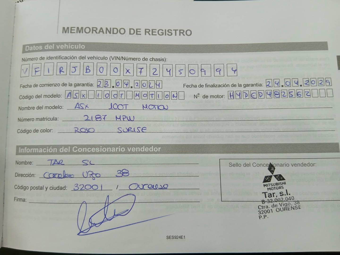 Foto del mantenimiento del Mitsubishi ASX Mitsubishi ASX 100T Motion (91 CV)