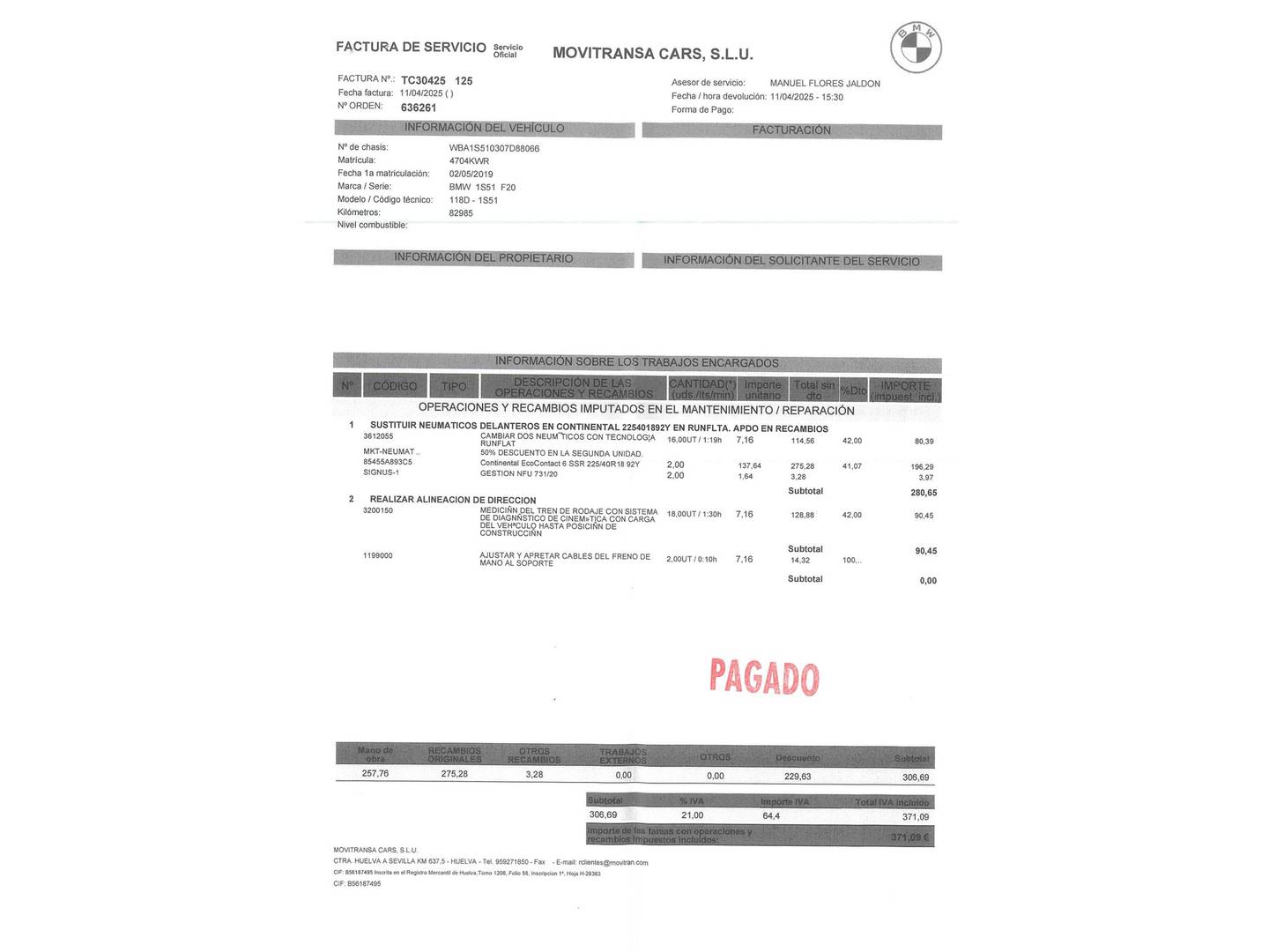 Foto del mantenimiento del BMW Serie 1 BMW Serie 1 118d (150 CV)