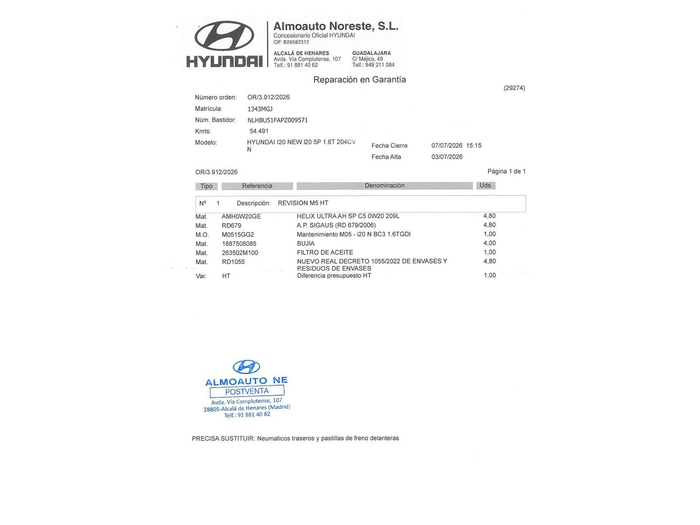 Foto del mantenimiento del Hyundai i20 Hyundai i20 1.6T N (204 CV)