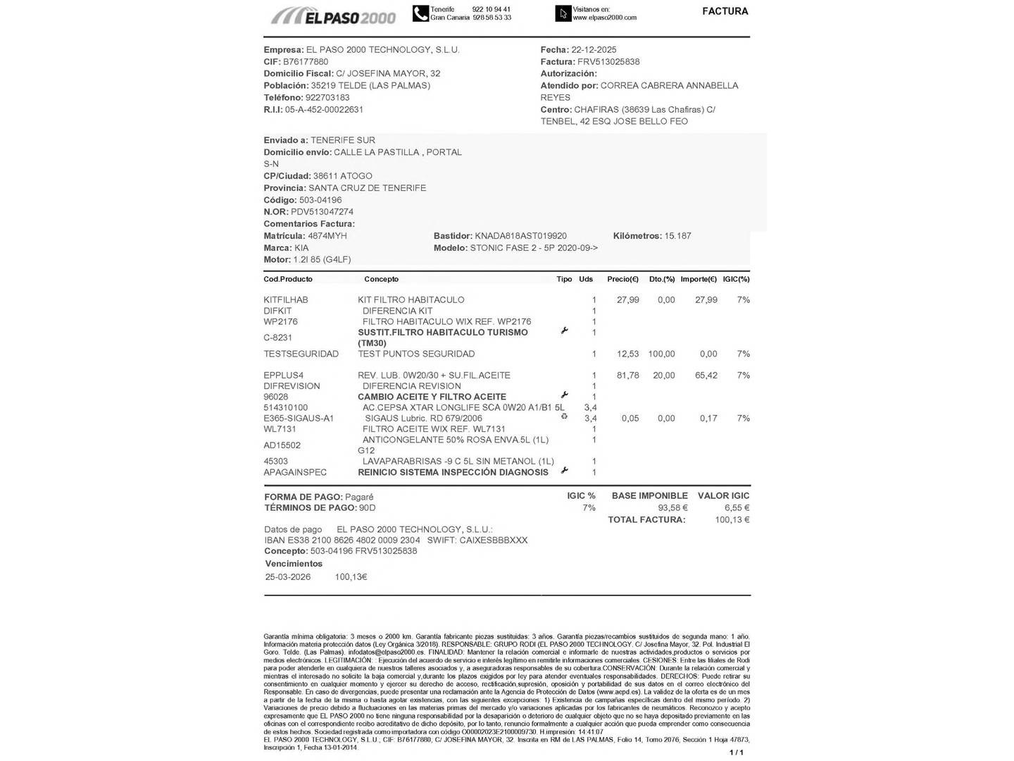 Foto del mantenimiento del KIA Stonic KIA Stonic 1.2 DPi Drive (79 CV)