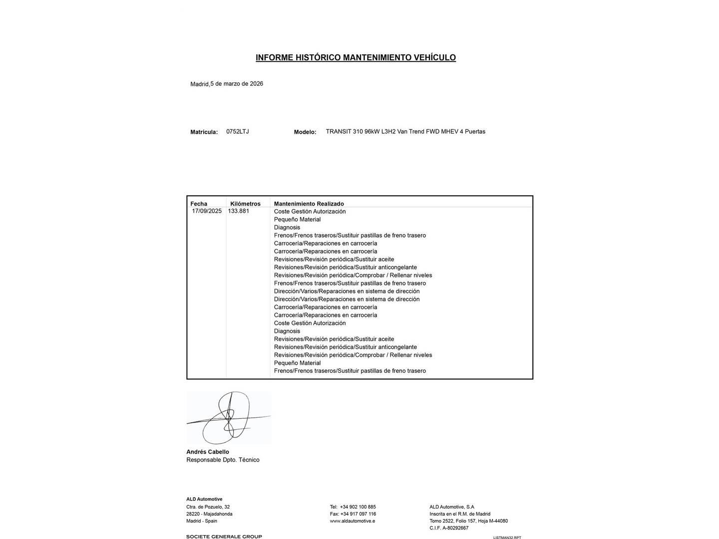 Foto del mantenimiento del Ford Transit Ford Transit Furgon 310 MHEV L3H2 Trend FWD (130 CV)