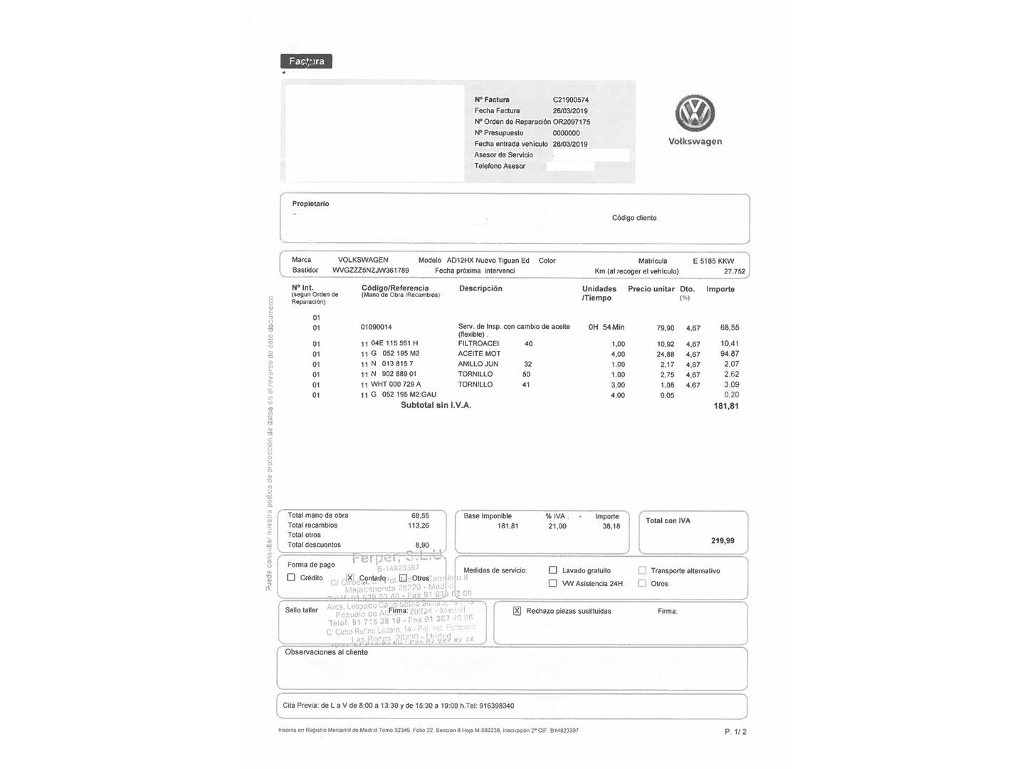 Foto del mantenimiento del Volkswagen Tiguan Volkswagen Tiguan Edition 1.4 TSI (125 CV)
