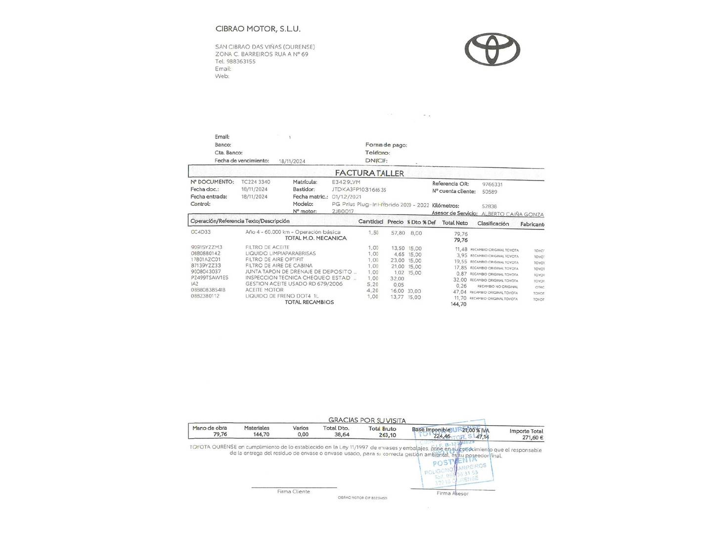 Foto del mantenimiento del Toyota Prius Toyota Prius 125PH Plug-In Solar (122 CV)