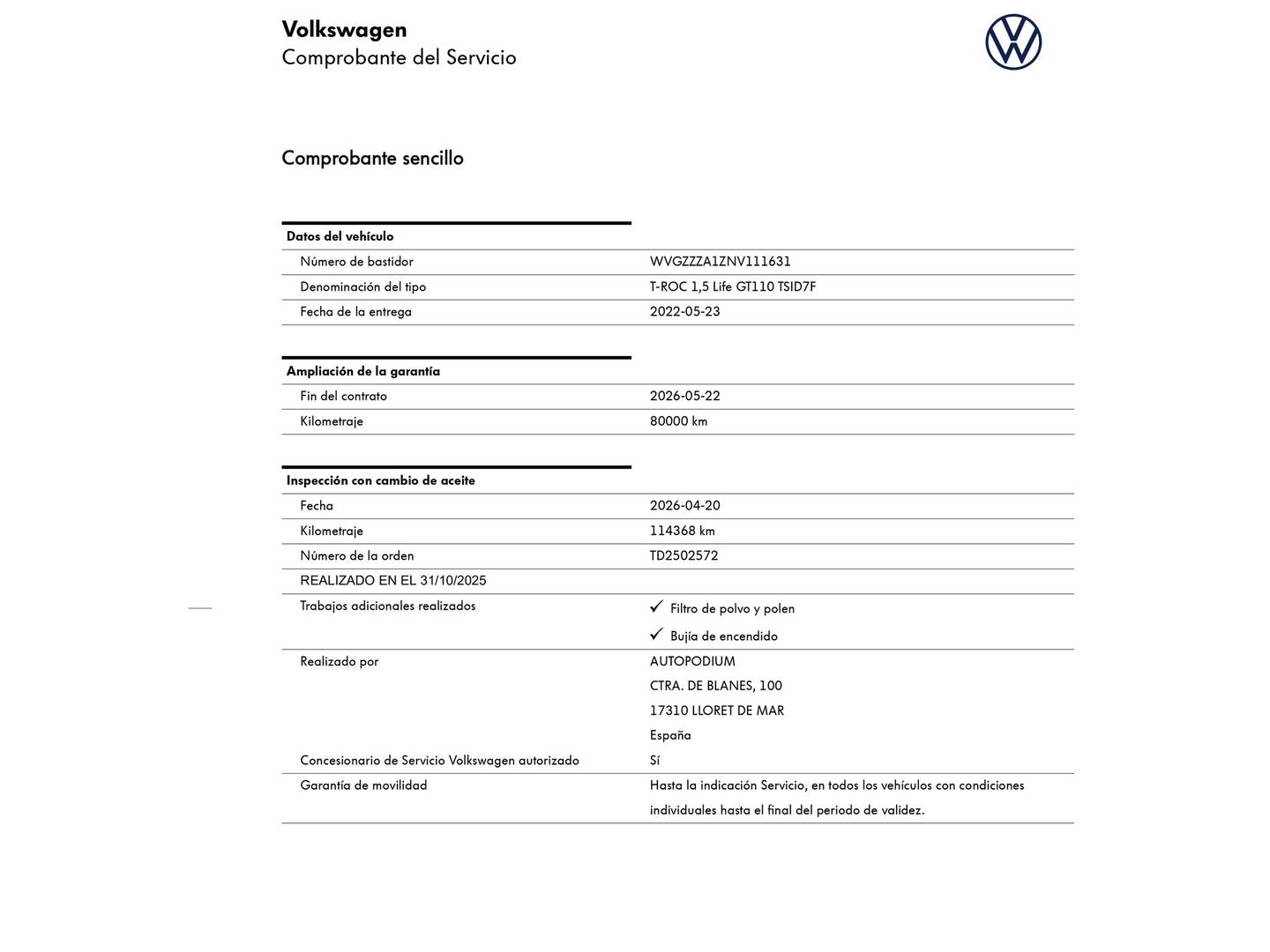 Foto del mantenimiento del Volkswagen T-Roc Volkswagen T-Roc Life 1.5 TSI (150 CV) DSG