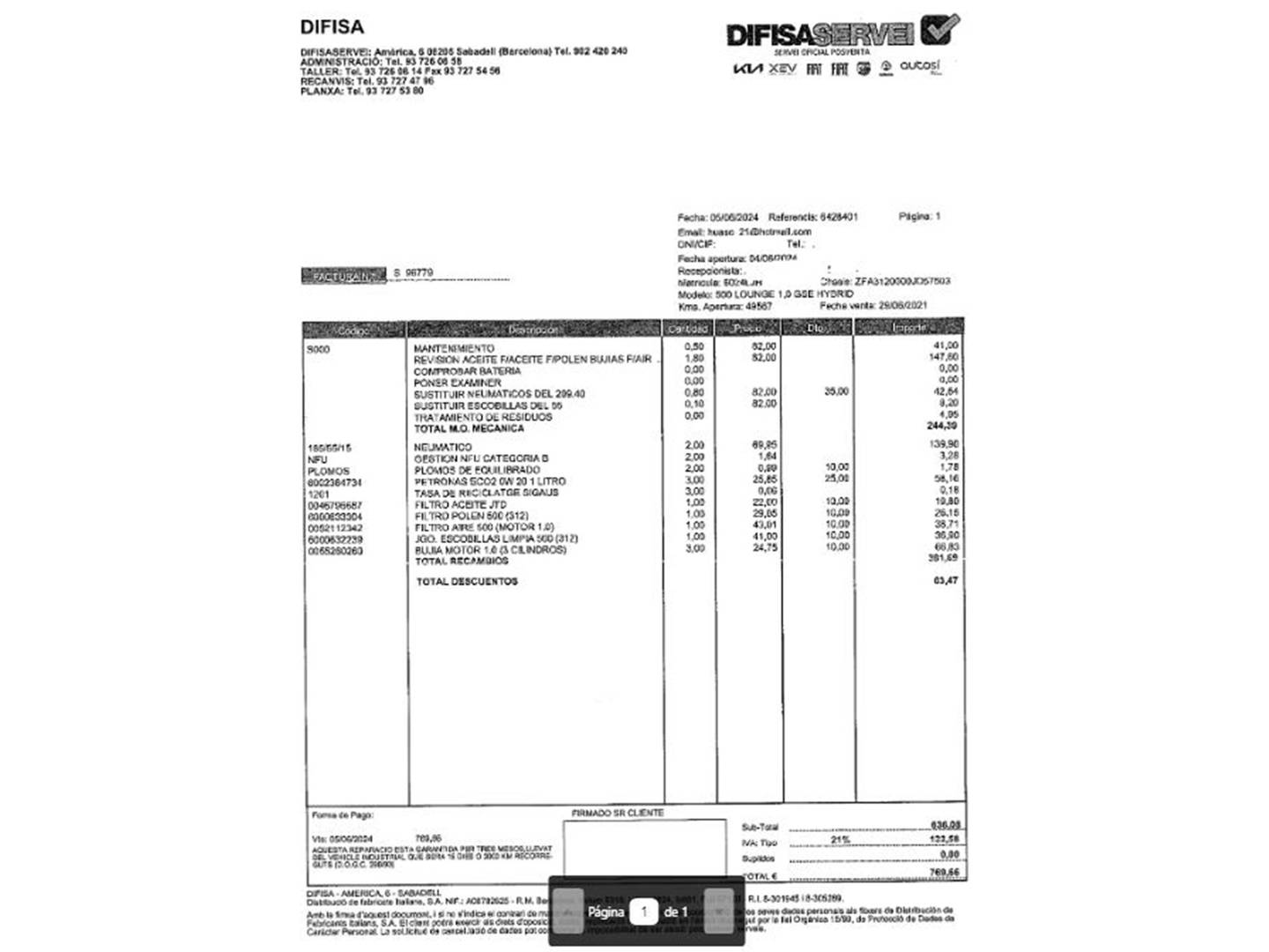 Foto del mantenimiento del Fiat 500 Fiat 500 1.0 6v GSE Lounge (70 CV)