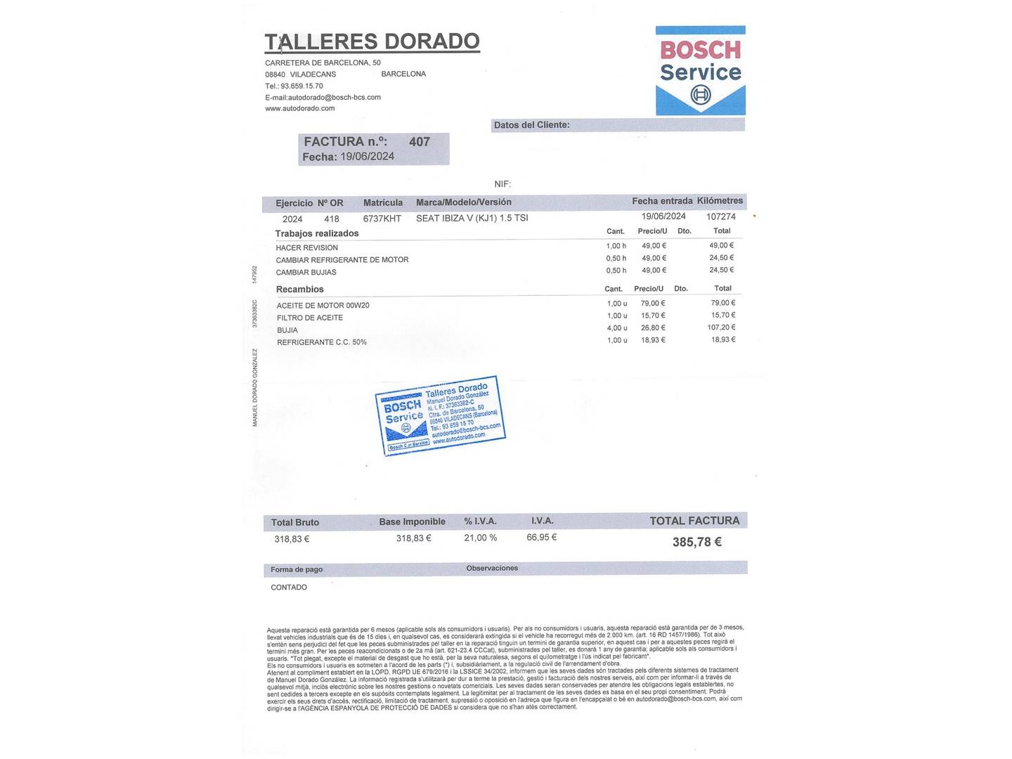 Foto del mantenimiento del Seat Ibiza SEAT Ibiza 1.5 EcoTSI S&S FR (150 CV)