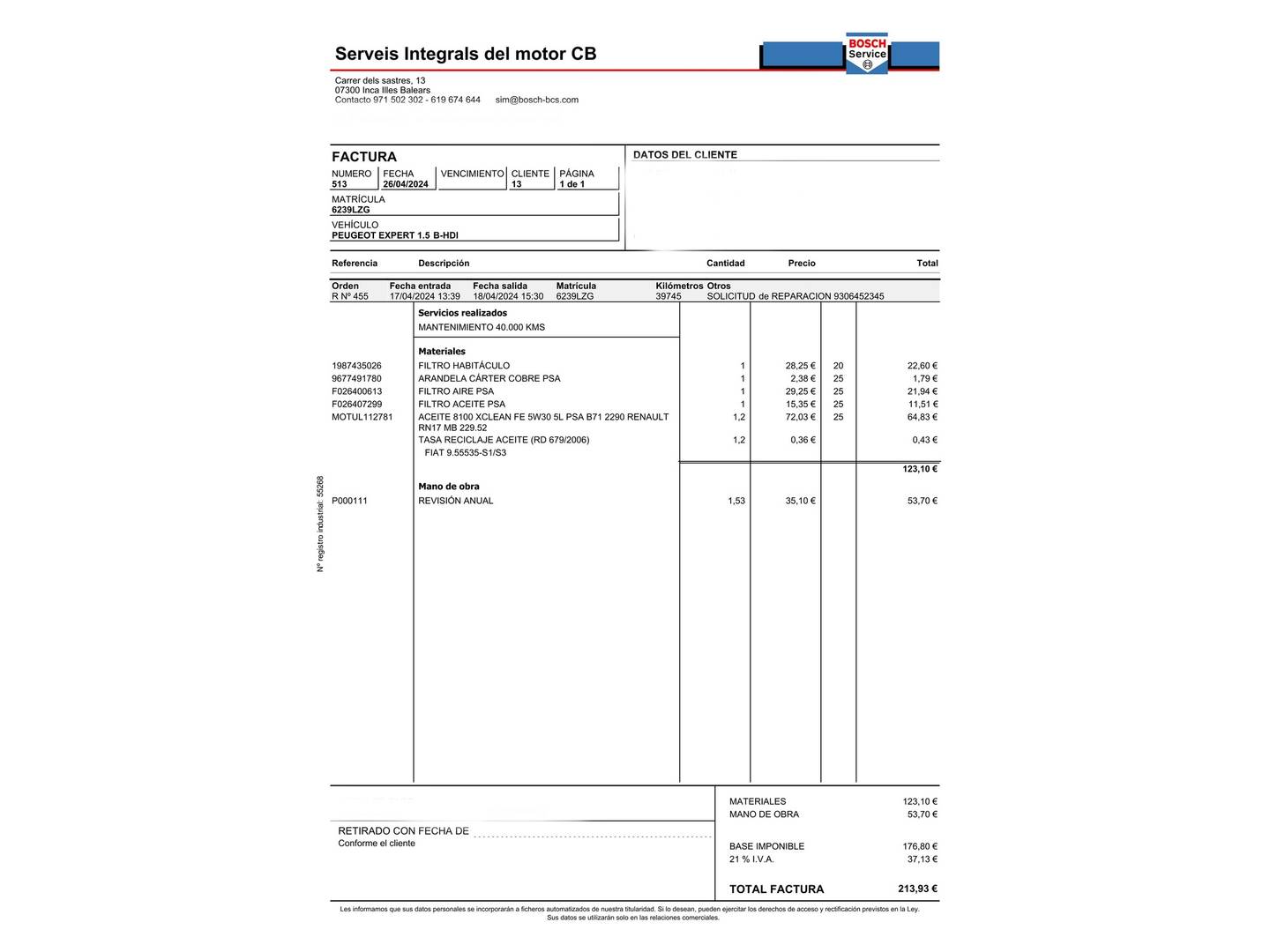 Foto del mantenimiento del Peugeot Expert Peugeot Expert Furgon BlueHDi 100 Premium Long (102 CV)