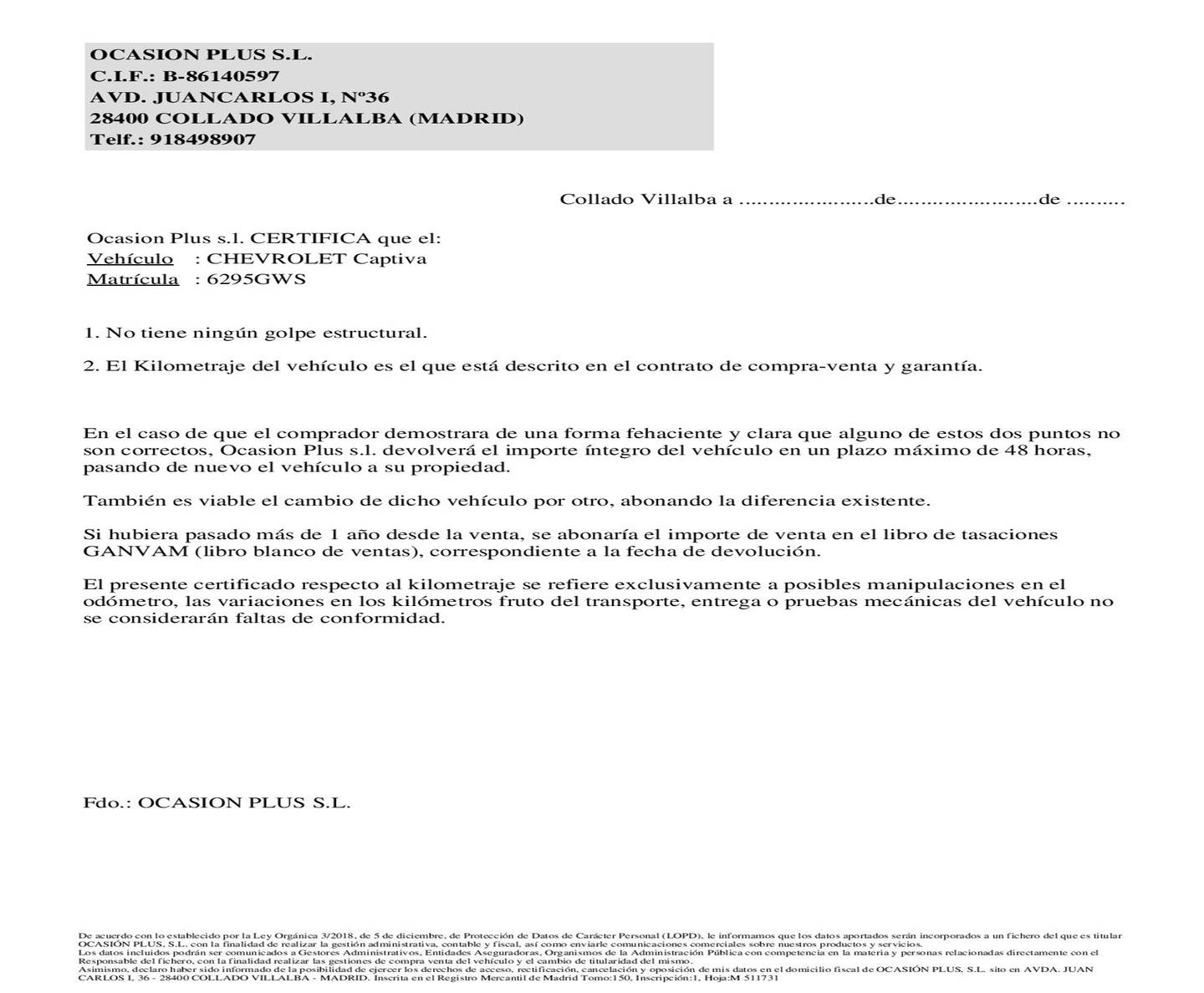 Foto del certificado del Chevrolet Captiva Chevrolet Captiva 2.0 VCDI 16V LT 7 Plazas (150 CV)
