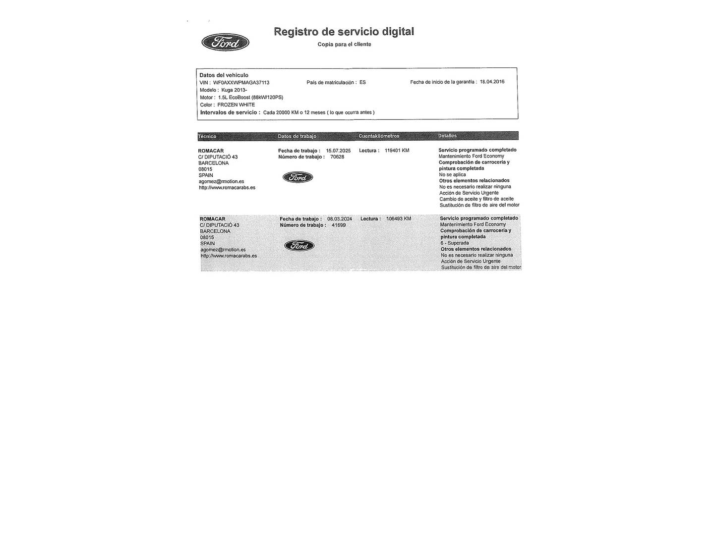 Foto del mantenimiento del Ford Kuga Ford Kuga 1.5 EcoBoost S&S Trend 4x2 (120 CV)