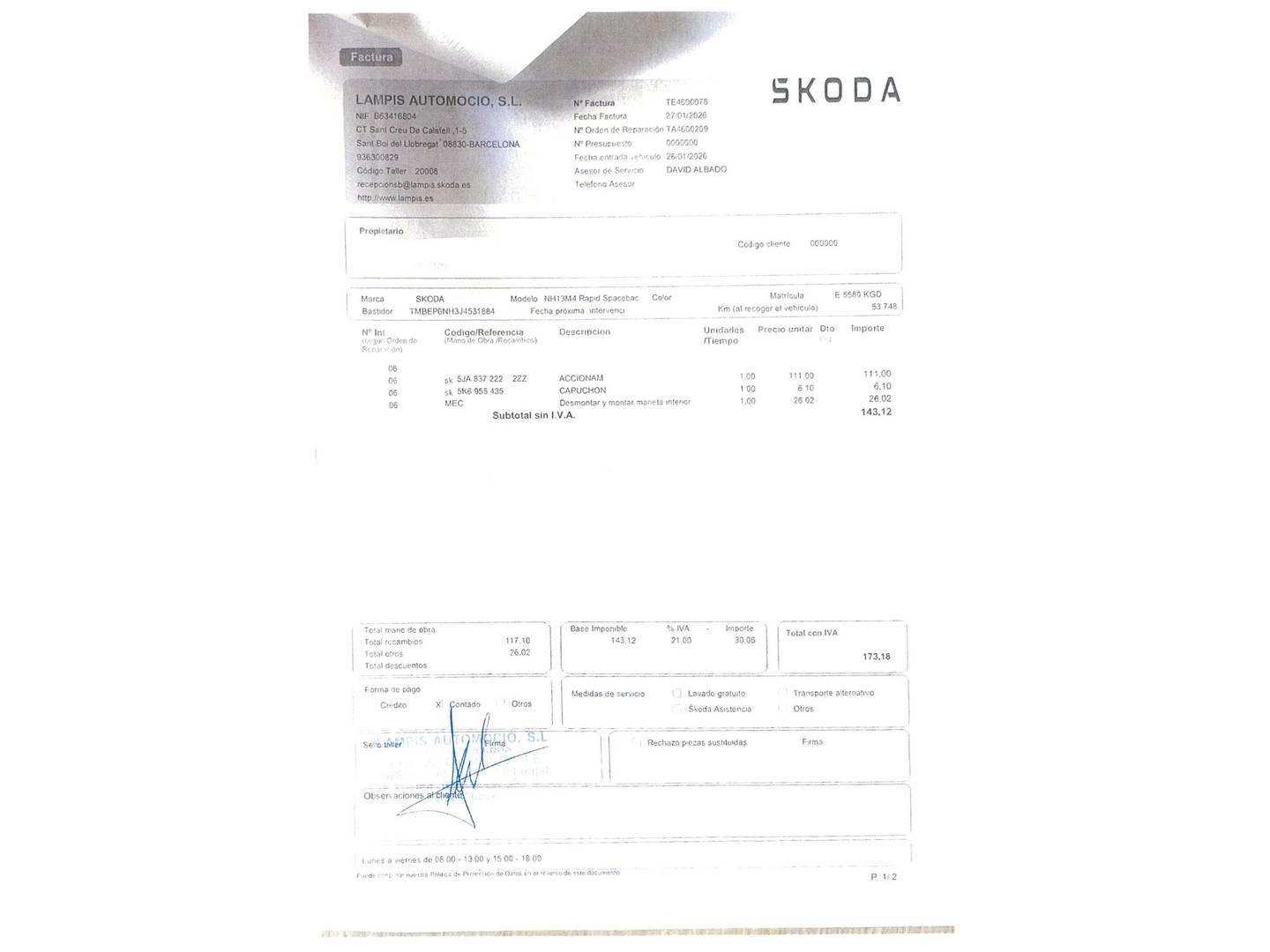 Foto del mantenimiento del Skoda Spaceback Skoda Spaceback 1.0 TSI Like (95 CV)