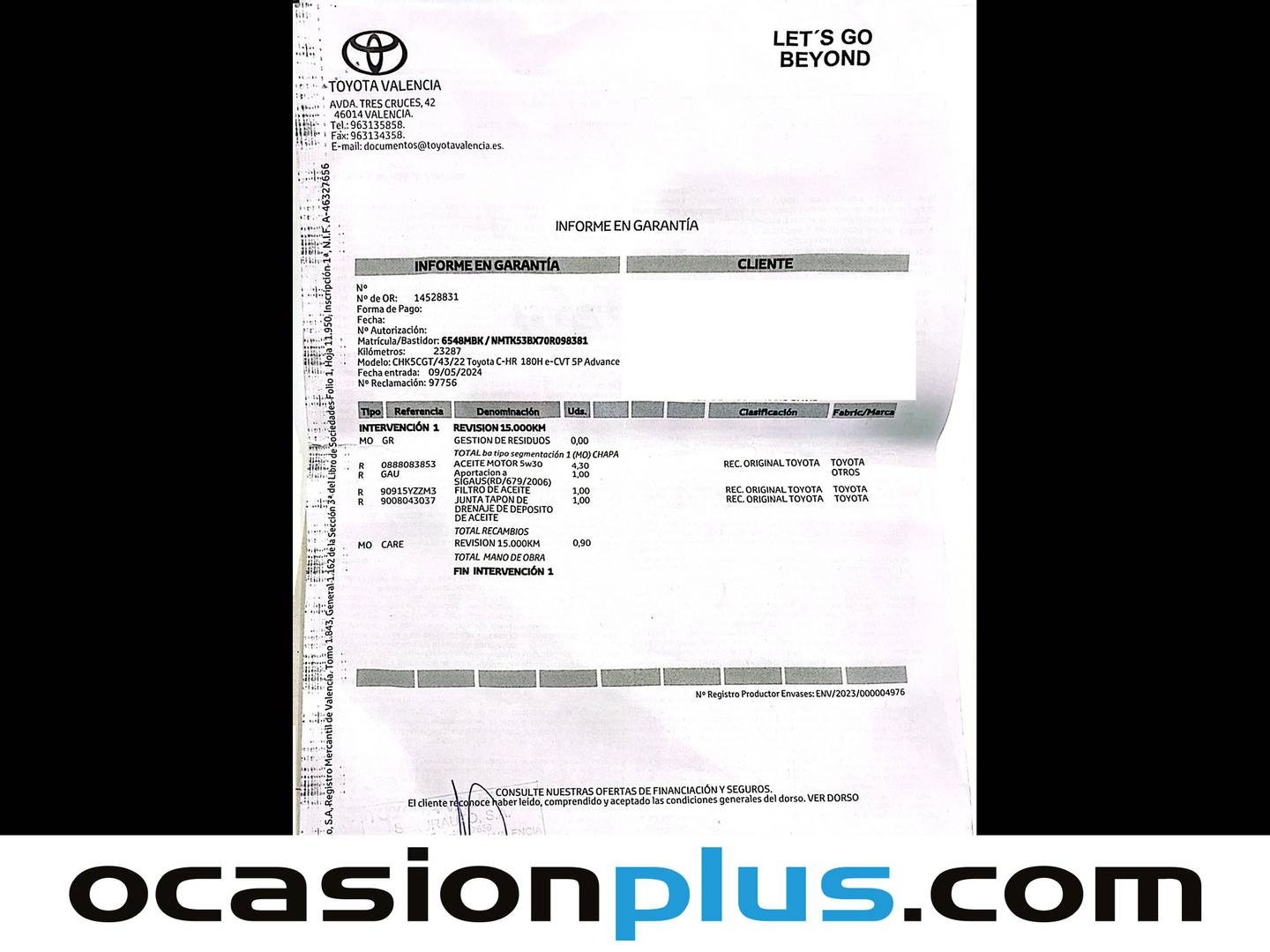 Foto del mantenimiento del Toyota C-HR Toyota C-HR 180H Advance (184 CV)