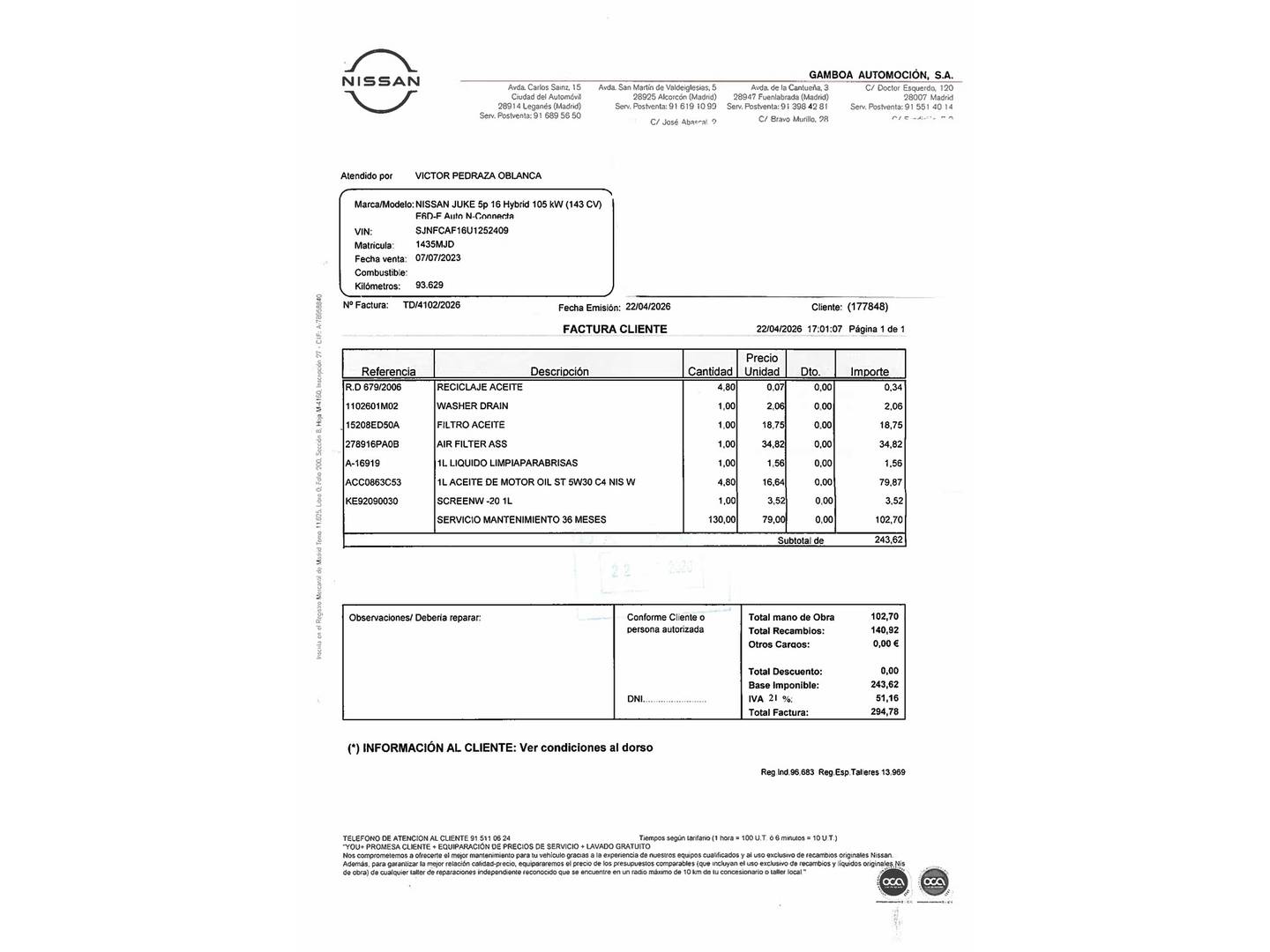 Foto del mantenimiento del Nissan JUKE Nissan Juke 1.6 Hybrid N-Connecta Auto (143 CV)