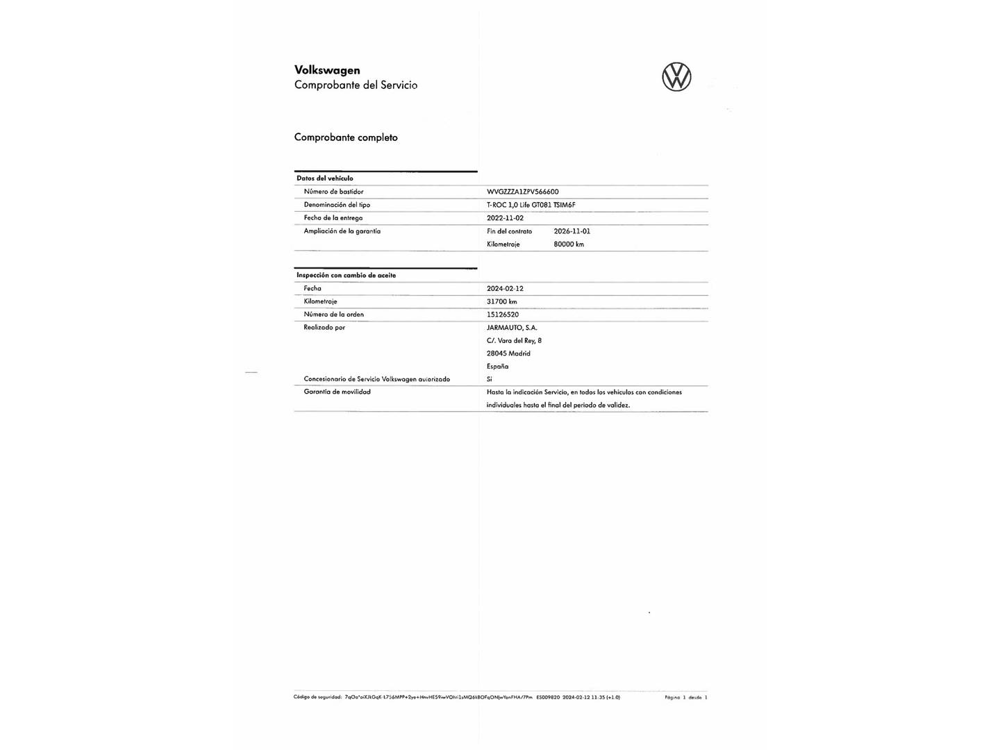 Foto del mantenimiento del Volkswagen T-Roc Volkswagen T-Roc Life 1.0 TSI (110 CV)