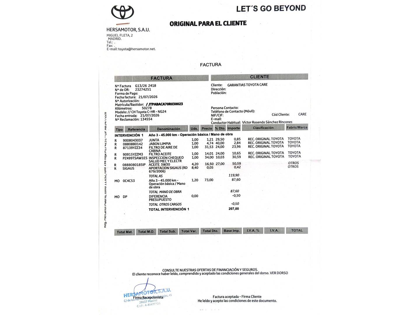 Foto del mantenimiento del Toyota C-HR Toyota C-HR 220PH GR Sport (223 CV)