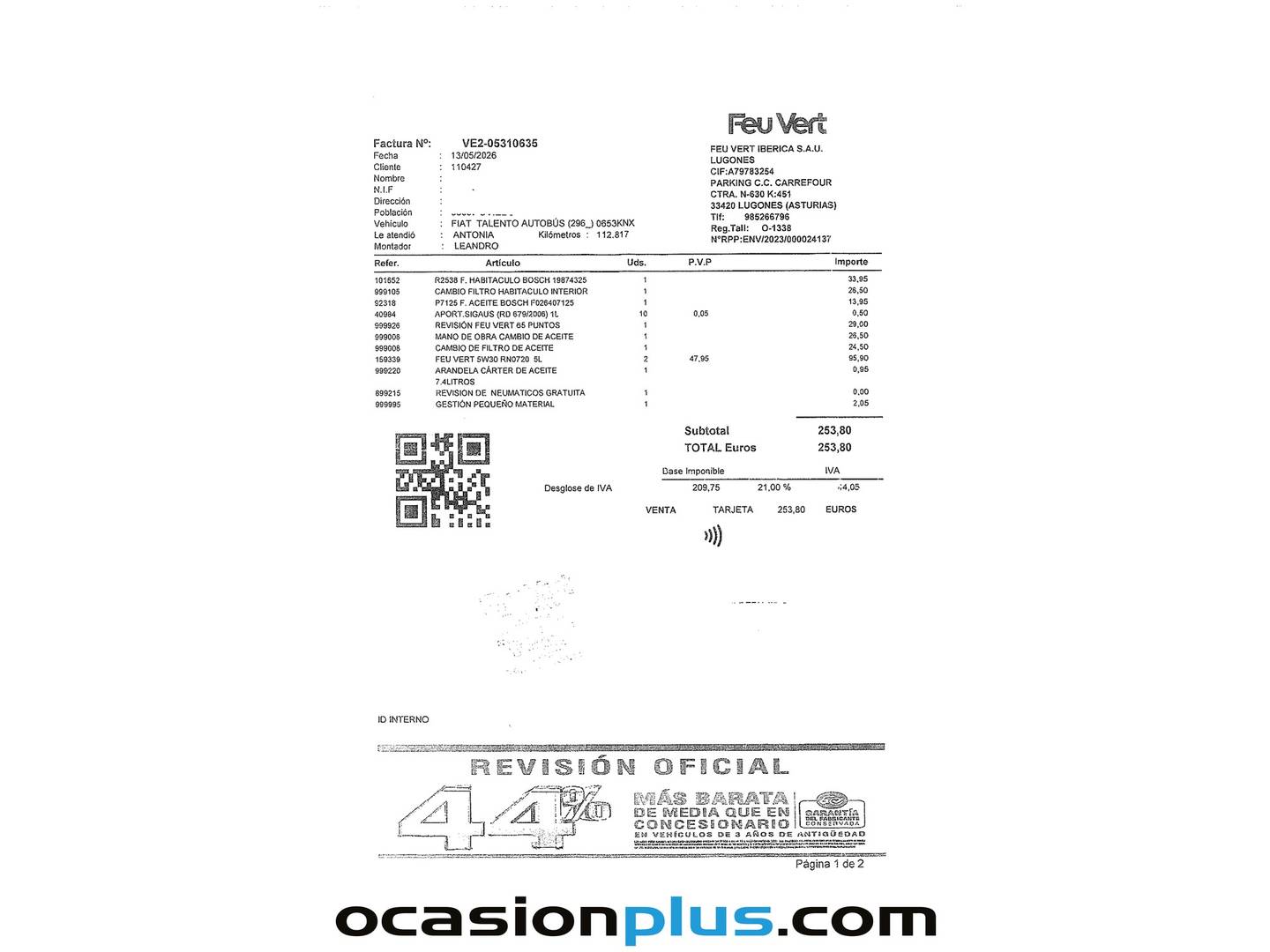 Foto del mantenimiento del Fiat Talento Fiat Talento Combi 1.6 EcoJet SX Corto (145 CV) Camperizada 5 Plazas