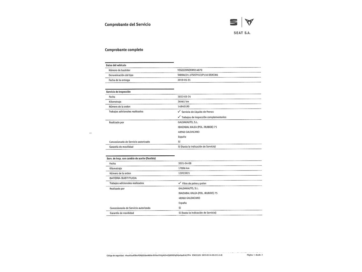 Foto del mantenimiento del Seat Tarraco Seat Tarraco 1.5 TSI S&S Style (150 CV) 7 Plazas