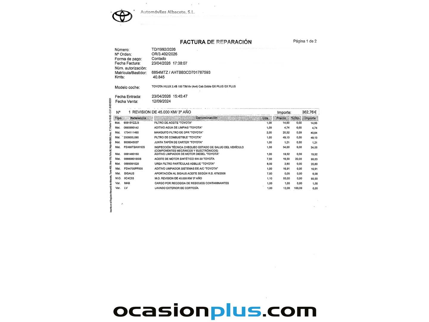 Foto del mantenimiento del Toyota Hilux Toyota Hilux 2.4 D-4D Doble Cabina GX (150 CV)