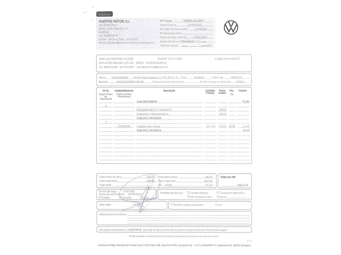 Foto del mantenimiento del Volkswagen Polo Volkswagen Polo Advance 1.2 TSI (90 CV)