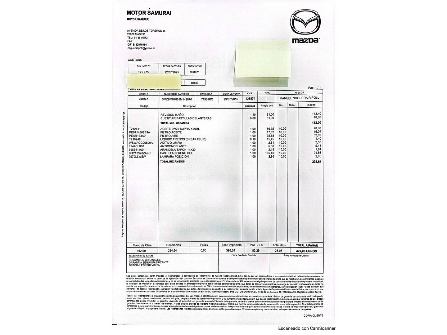 Foto del mantenimiento del Mazda Mazda3 Mazda Mazda 3 2.0 GE MT Style Visual (120 CV)
