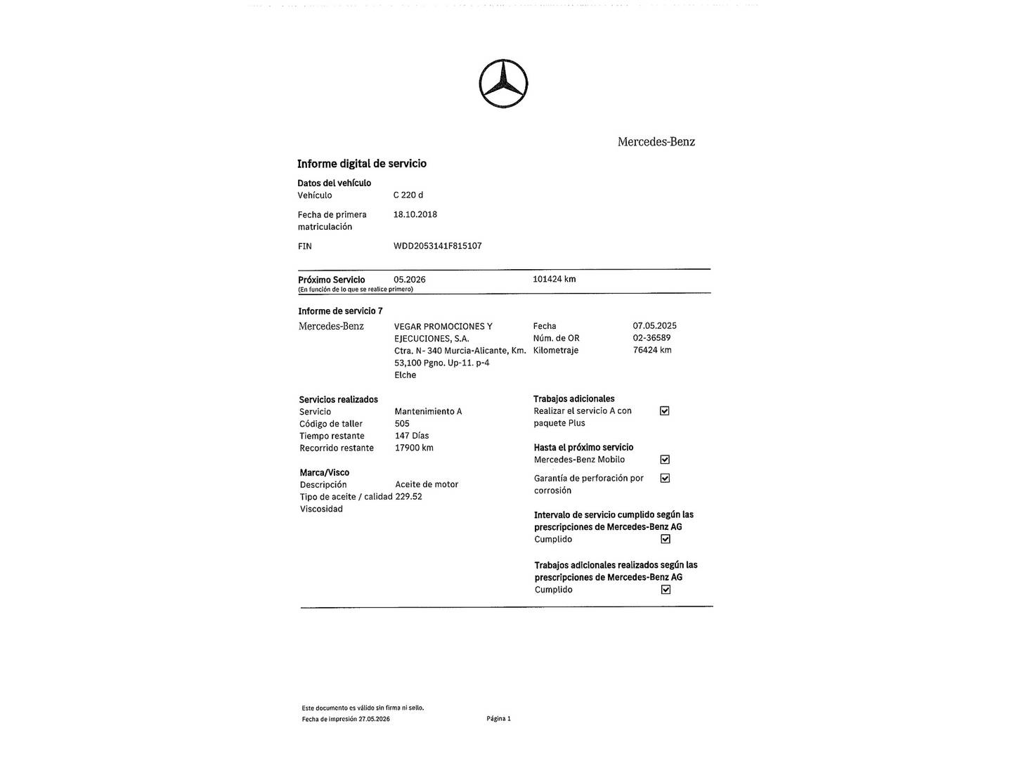 Foto del mantenimiento del Mercedes Clase C Mercedes Clase C Coupe 220 d (194 CV) Pack AMG