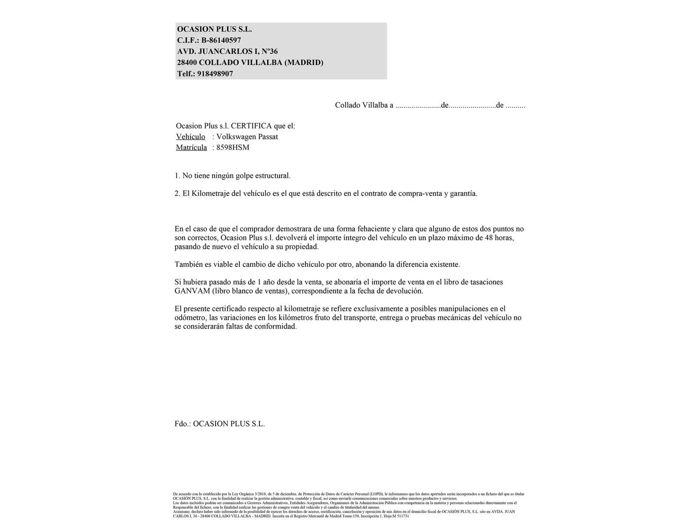 Foto del certificado del Volkswagen Passat Volkswagen Passat Edition 1.6 TDI BMT (105 CV)