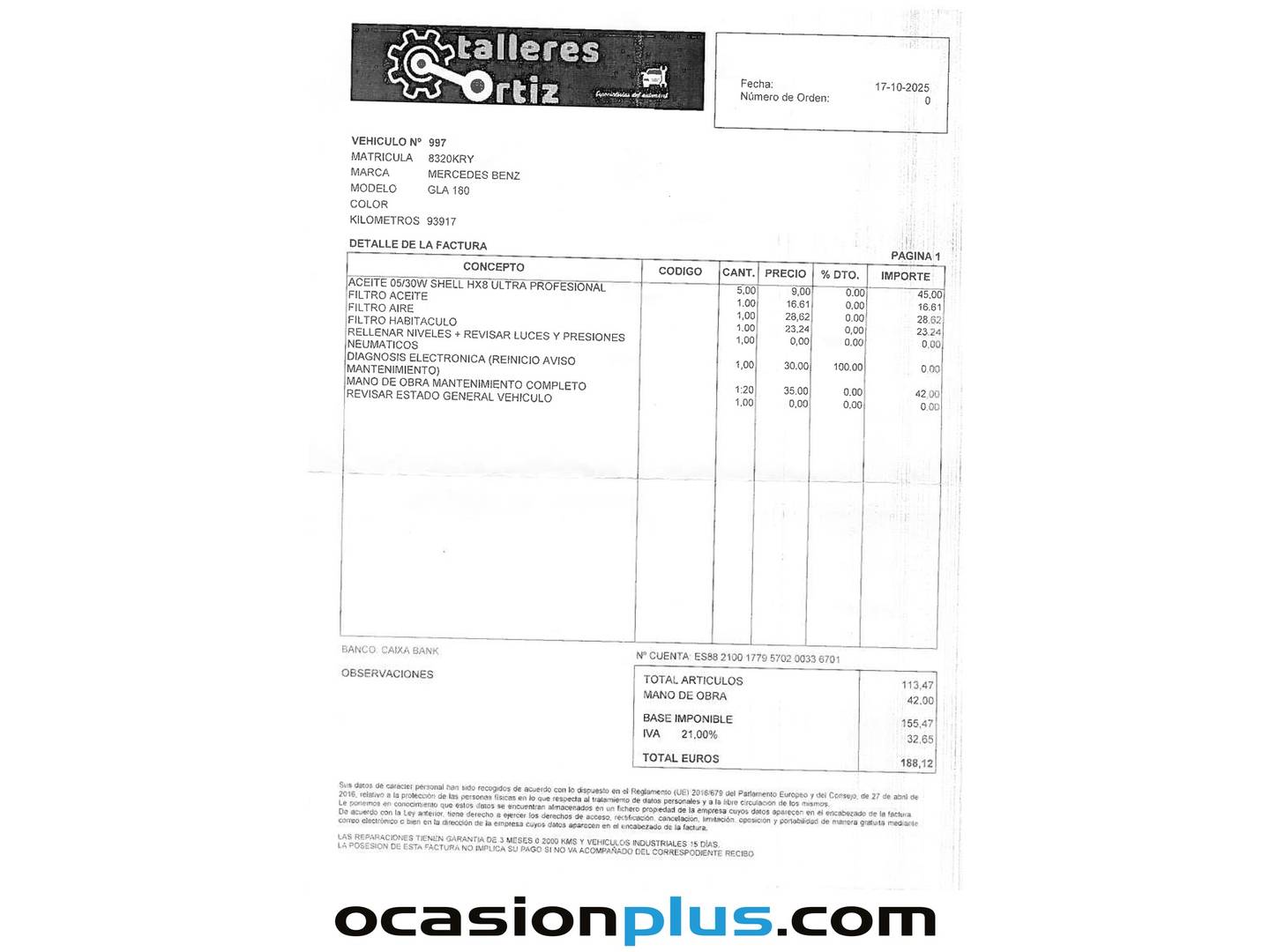 Foto del mantenimiento del Mercedes GLA Mercedes GLA GLA 180 (122 CV)