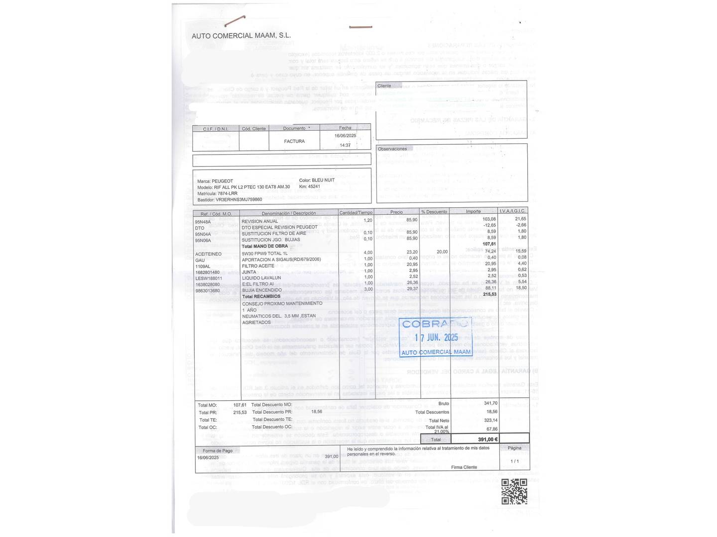 Foto del mantenimiento del Peugeot Rifter Peugeot Rifter PureTech 130 S&S Allure Pack Long EAT8 (130 CV)