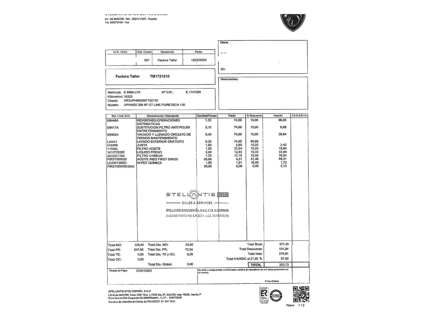 Foto del mantenimiento del Peugeot 208 Peugeot 208 PureTech 130 GT EAT8 (130 CV)