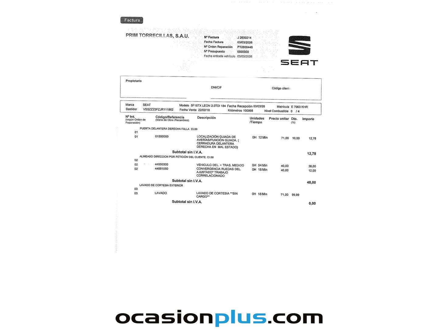 Foto del mantenimiento del Seat León Seat León 2.0 TDI S&S FR Plus  (184 CV)