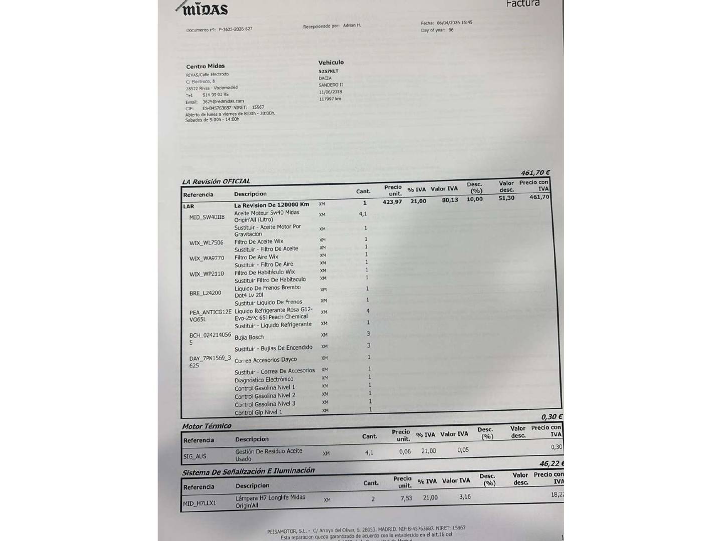 Foto del certificado del Dacia Sandero Dacia Sandero Stepway TCe (90 CV) GLP