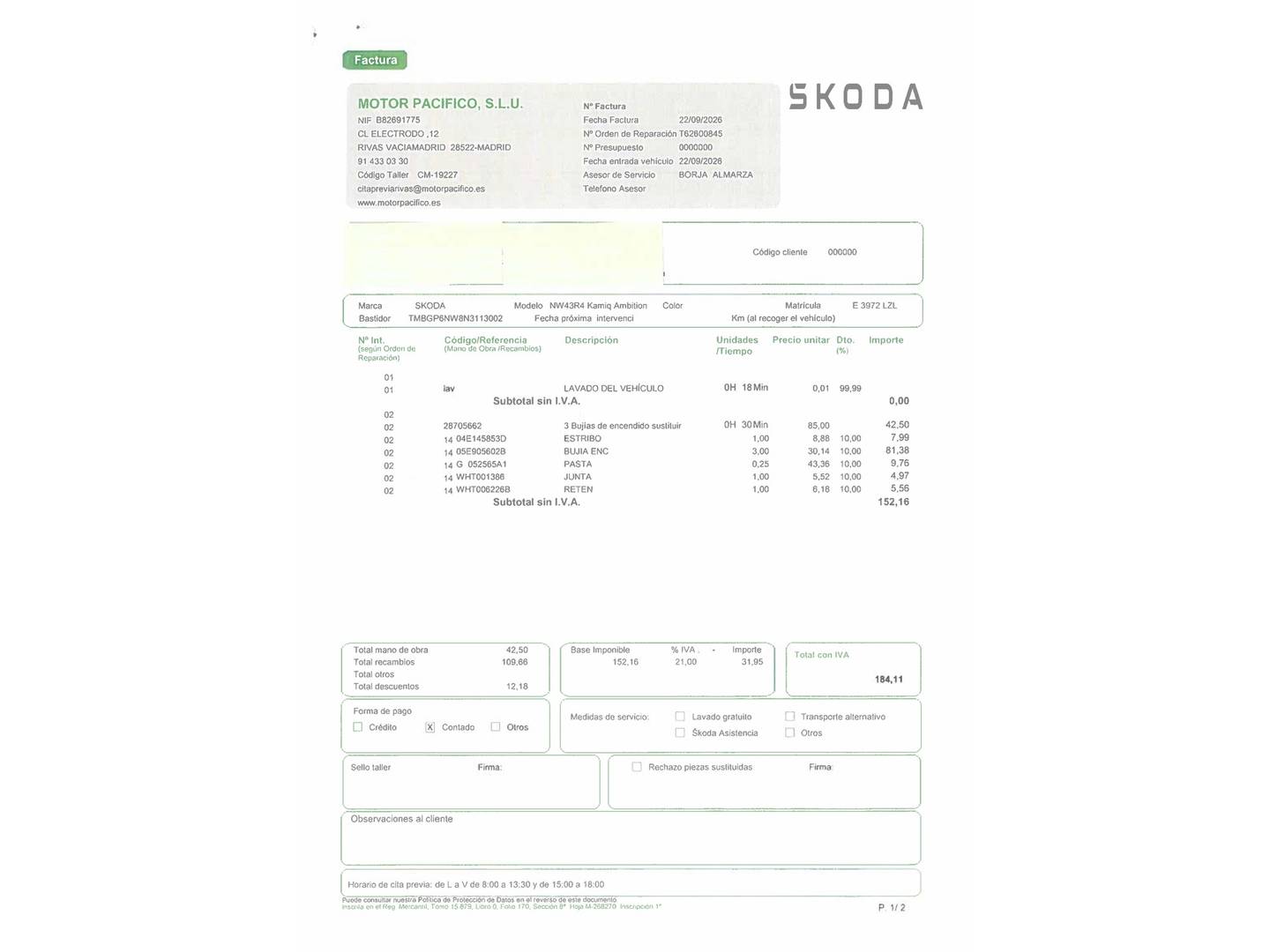 Foto del mantenimiento del Skoda Kamiq Skoda Kamiq 1.0 TSI Ambition (95 CV)