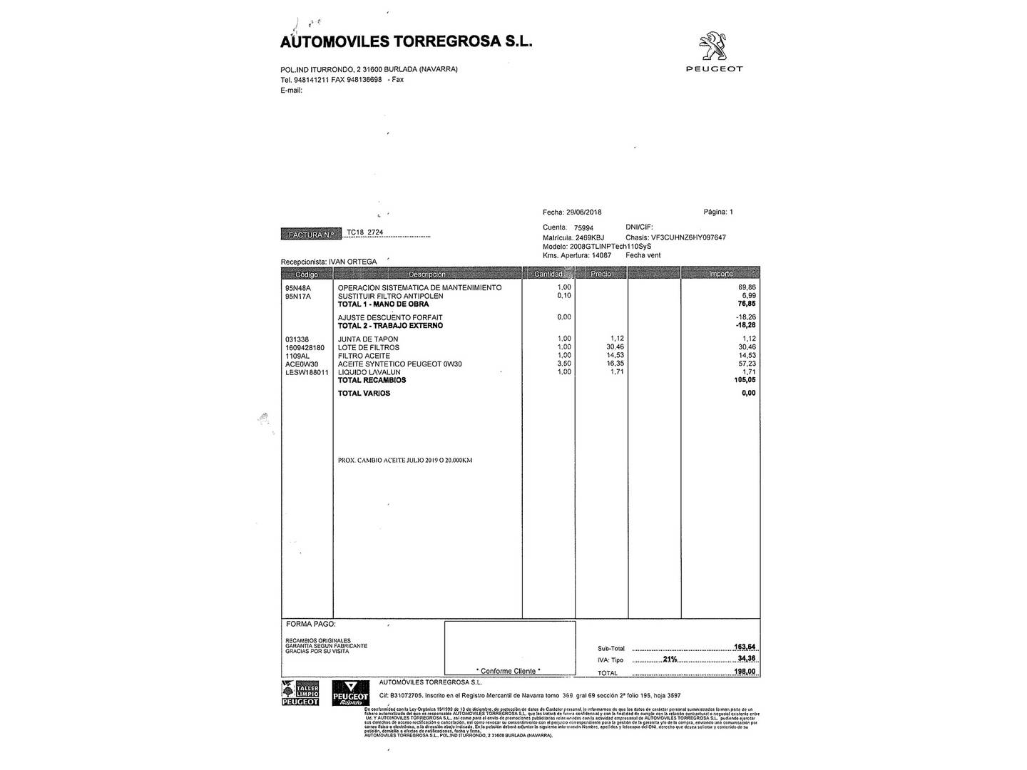 Foto del mantenimiento del Peugeot 2008 Peugeot 2008 PureTech 110 S&S GT Line (110 CV)