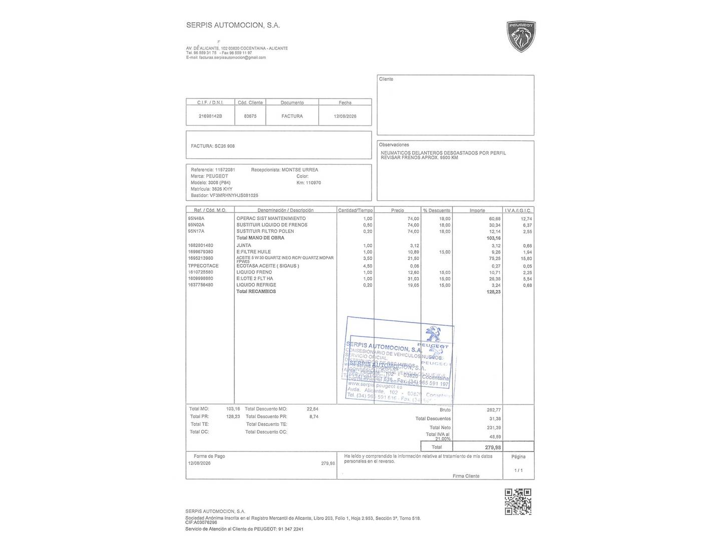 Foto del mantenimiento del Peugeot 3008 Peugeot 3008 PureTech 130 S&S Allure (130 CV)