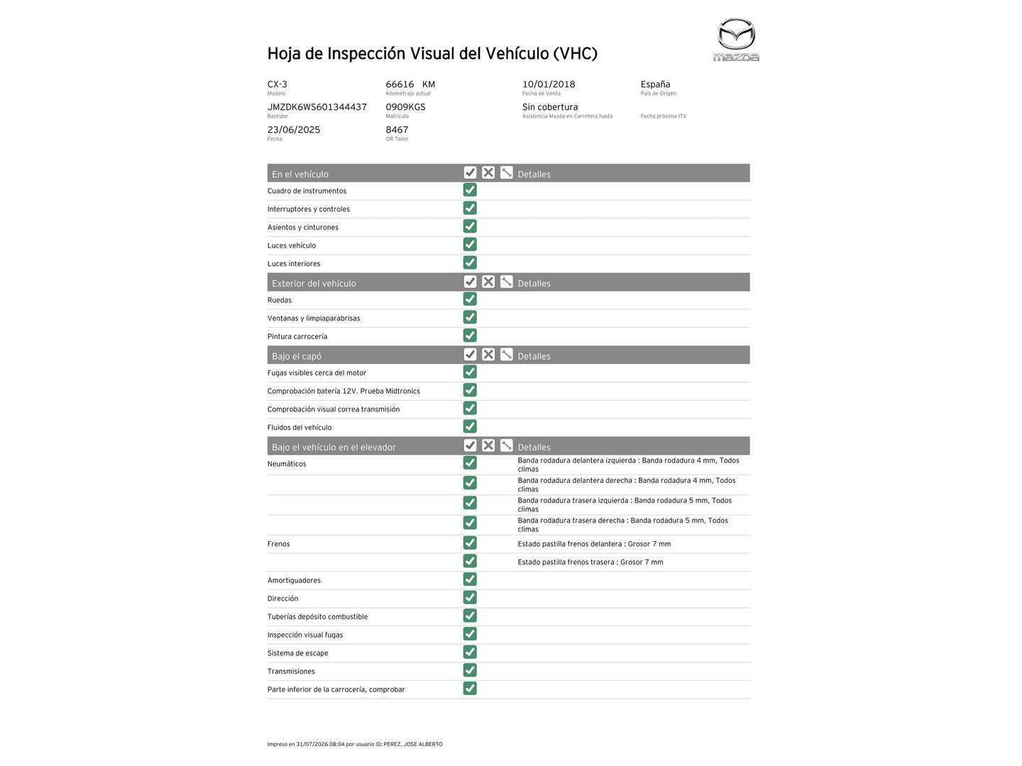 Foto del mantenimiento del Mazda CX-3 Mazda CX-3 1.5 DE SKYACTIV Luxury 2WD (105 CV)
