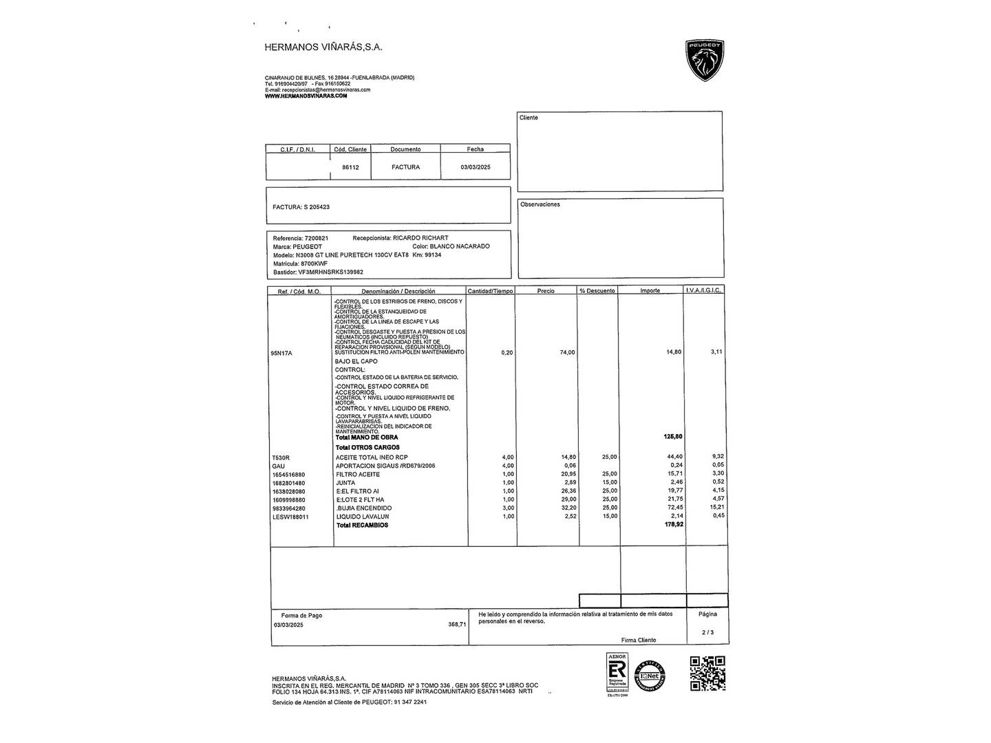 Foto del mantenimiento del Peugeot 3008 Peugeot 3008 PureTech 130 S&S GT Line EAT8 (130 CV)