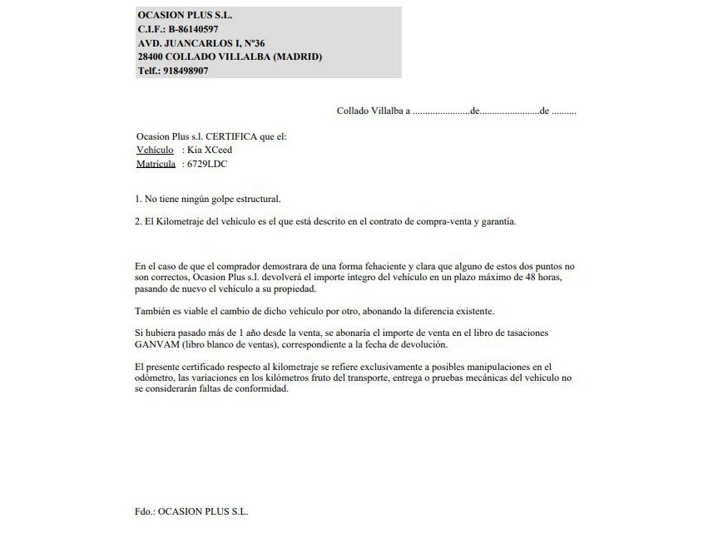 Foto del certificado del KIA XCeed KIA XCeed 1.0 T-GDi Drive (120 CV)