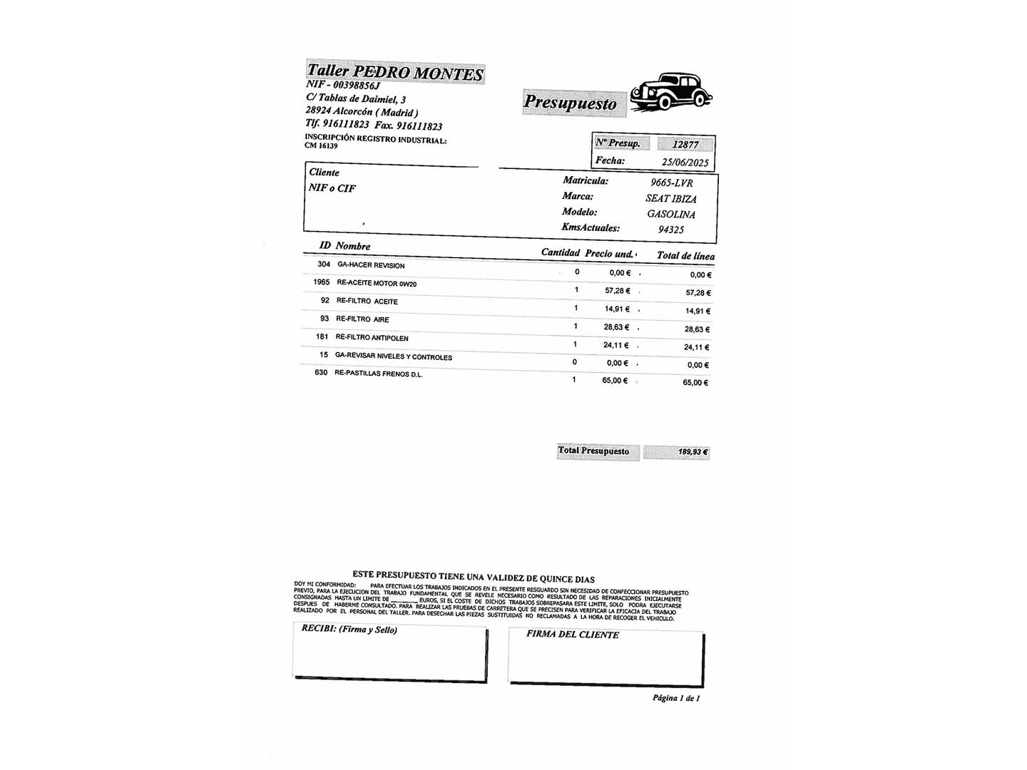 Foto del mantenimiento del Seat Ibiza Seat Ibiza 1.0 TGI FR (90CV)