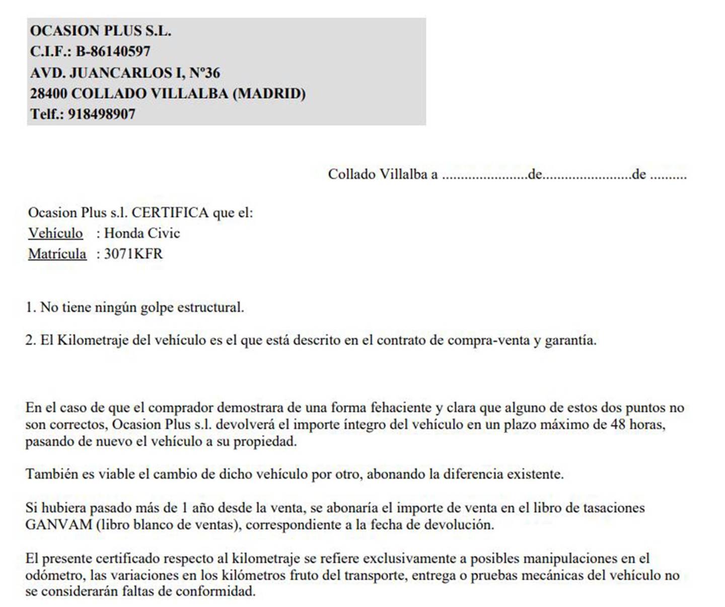 Foto del certificado del Honda Civic Honda Civic 1.0 I-VTEC TURBO Elegance (129 CV)