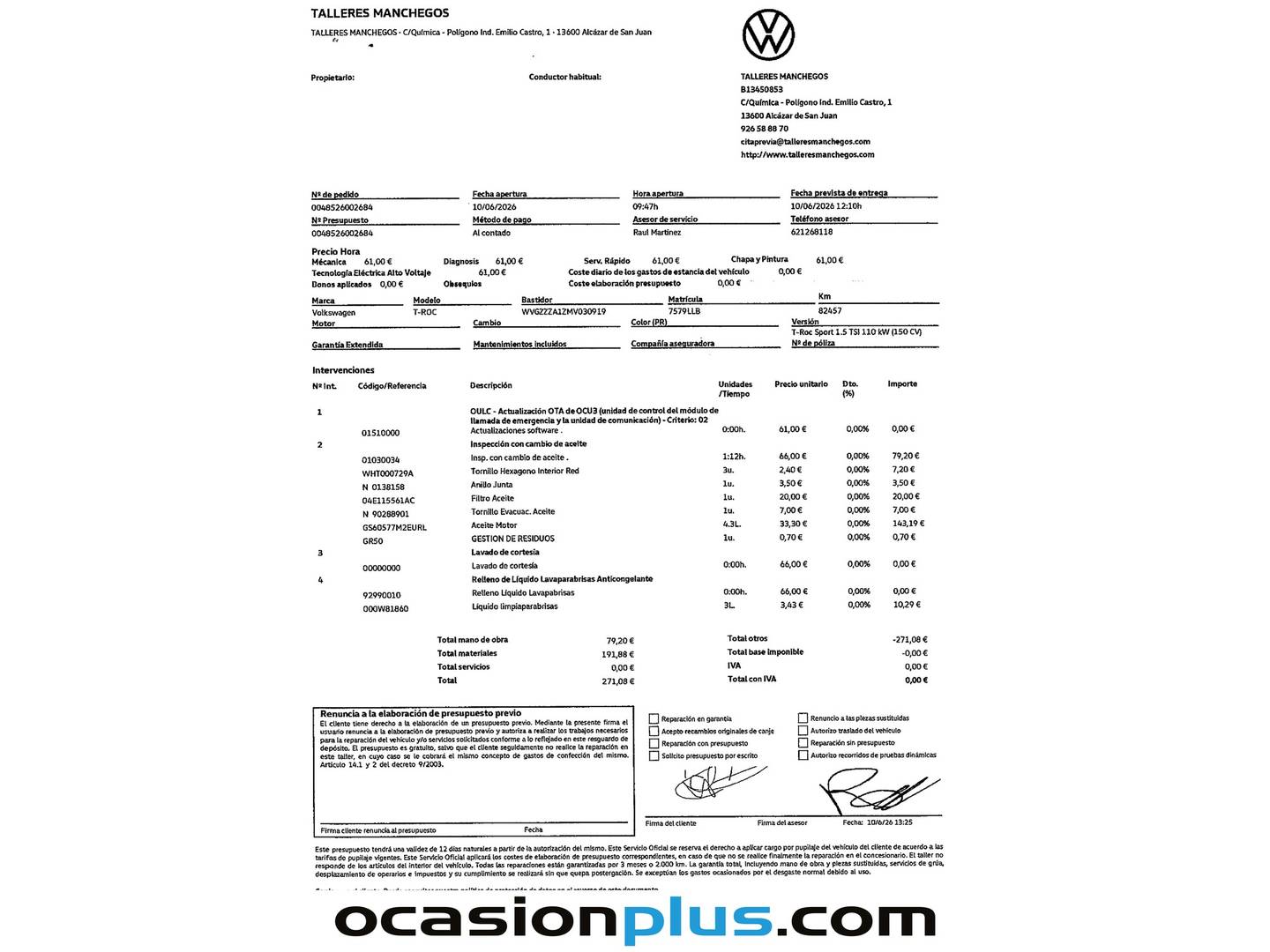 Foto del mantenimiento del Volkswagen T-Roc Volkswagen T-Roc Sport 1.5 TSI (150 CV) DSG Pack R Line