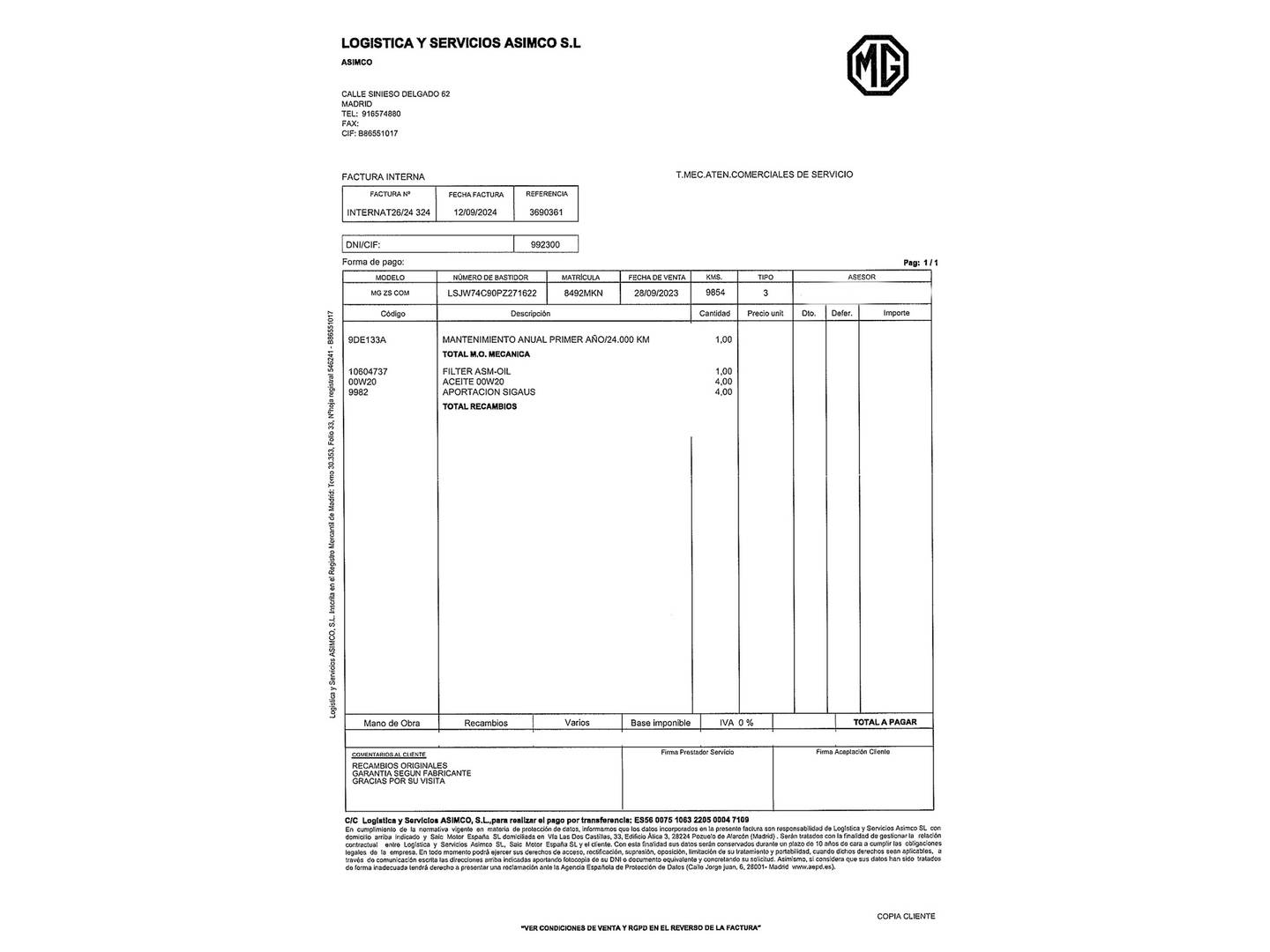 Foto del mantenimiento del MG ZS MG ZS 1.0T Luxury (111 CV)